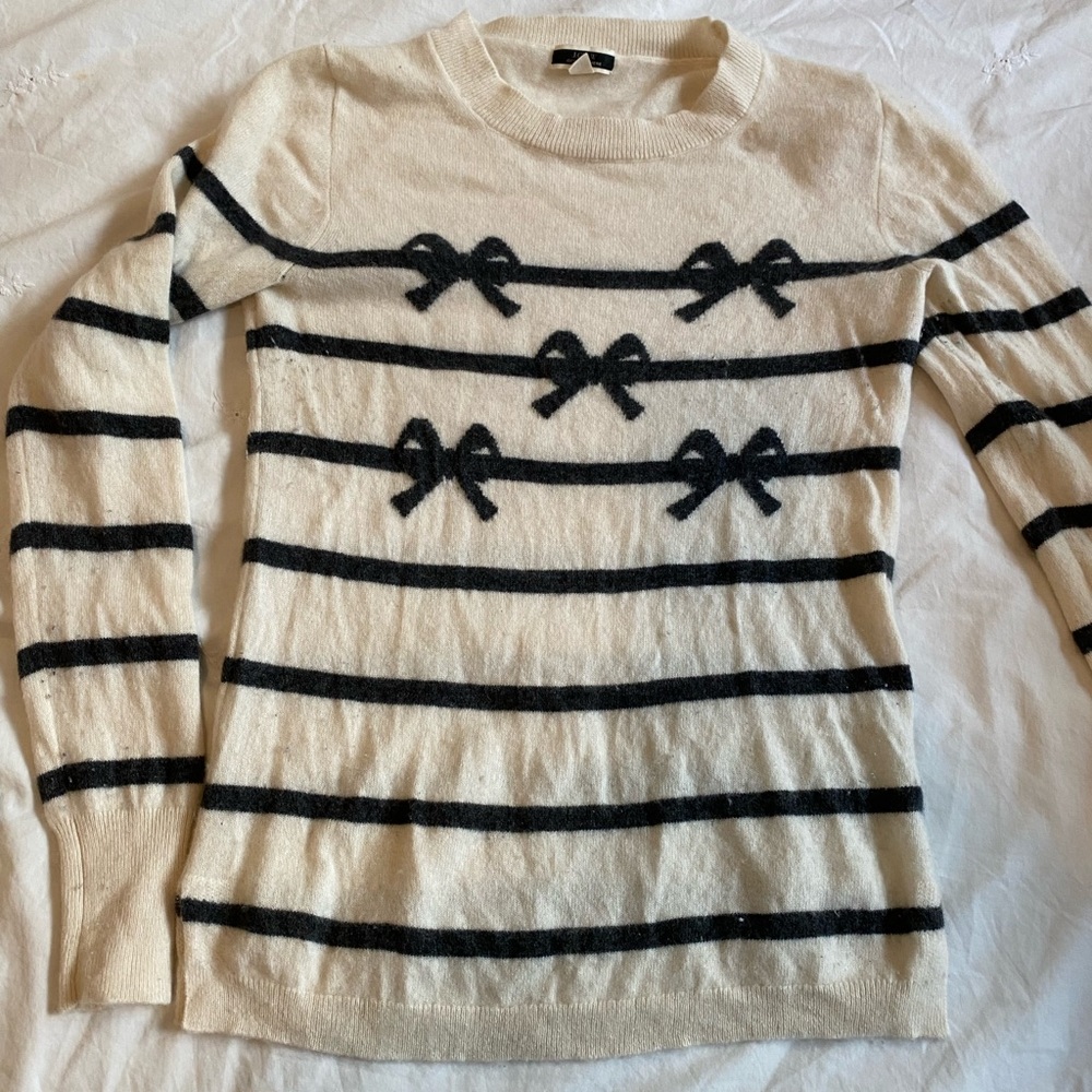 J. Crew striped cashmere sweater with bows